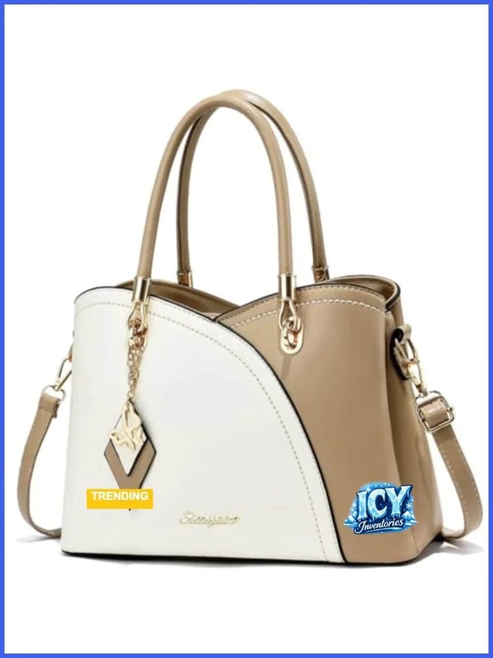 Ladies Faux Leather Satchel Tote Bag with Gold Tone Hardware, 6 Pockets,